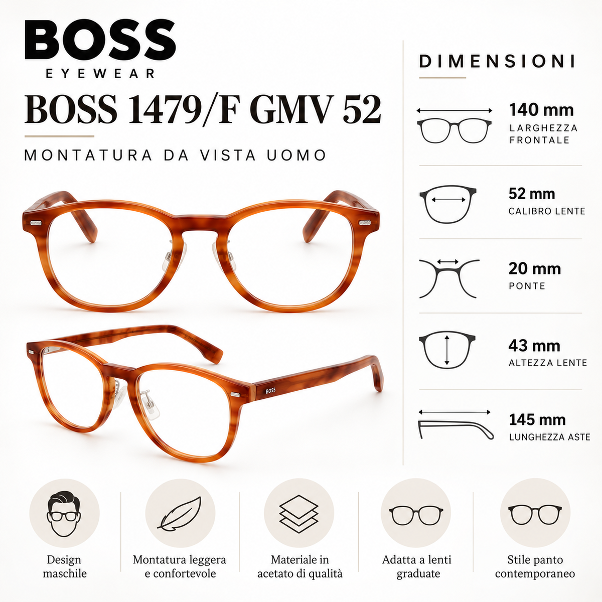 Titolo prodotto: Boss BOSS 1479/F GMV 52 – Occhiali da Vista Uomo Marroni -OGP OCCHIALI