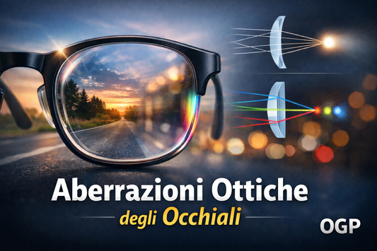 Occhiale da vista con raggi luminosi che mostrano abberrazioni visive