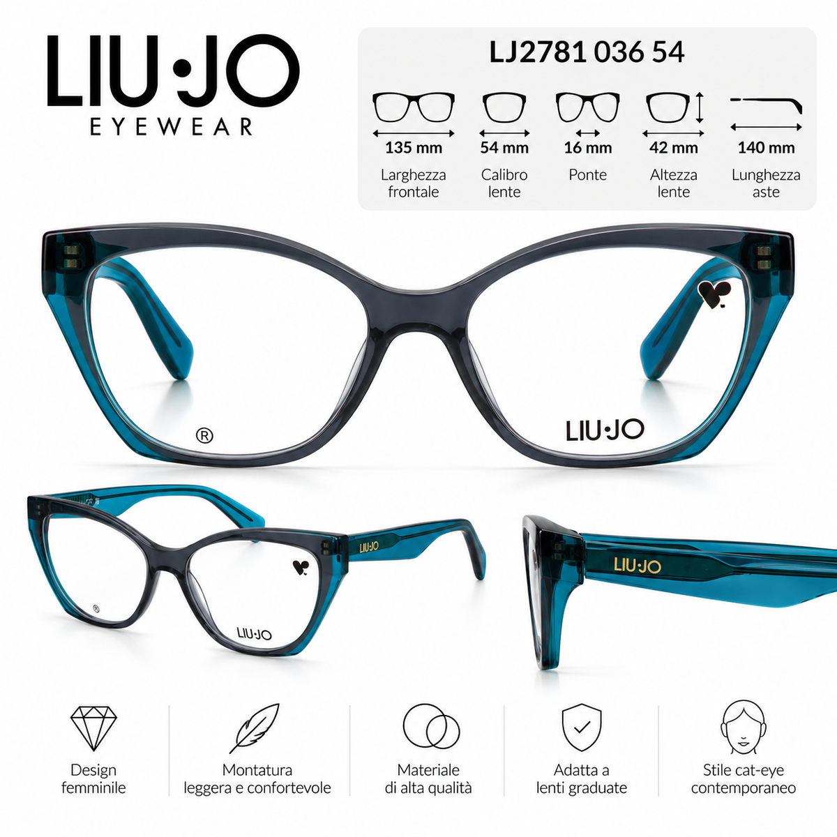 Liu Jo LJ2781 036 54 – Occhiali da Vista Donna Cat Eye Grigio Turchese - OGP OCCHIALI